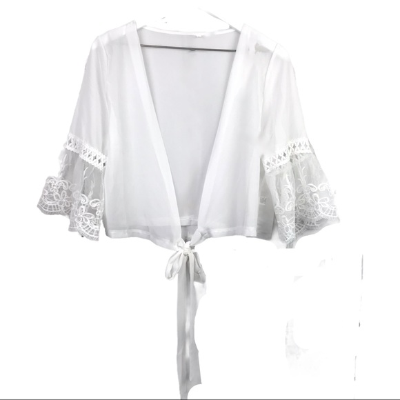 Tops White Cropped Sheer Tie Cardigan Shrug Sz L Poshmark
